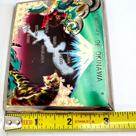 Enamel Cigarette Case Memory Of Okinawa Japan Map 3.75" Silver Tone Vintage - Picture 3 of 10